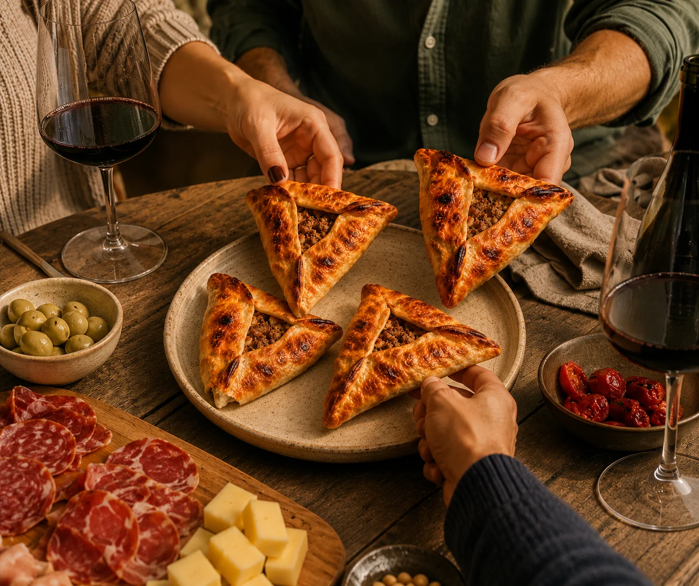 Picada con sfijas árabes, fiambres, quesos y vino para compartir