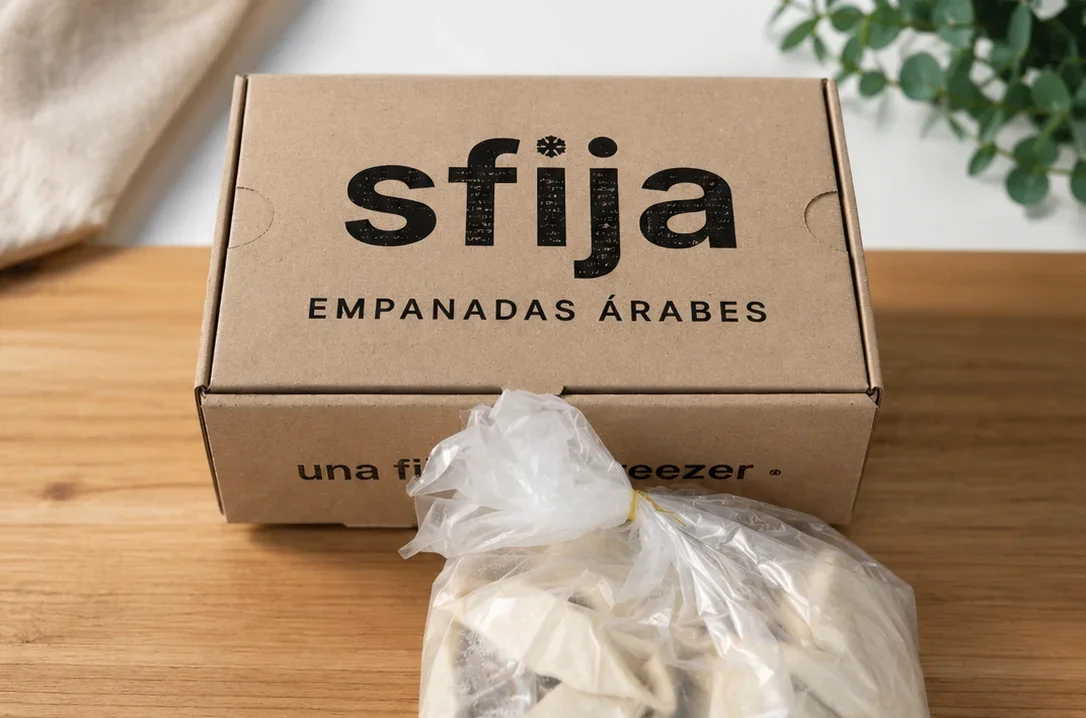 Caja de sfija empanadas árabes congeladas sobre la mesa, Mendoza